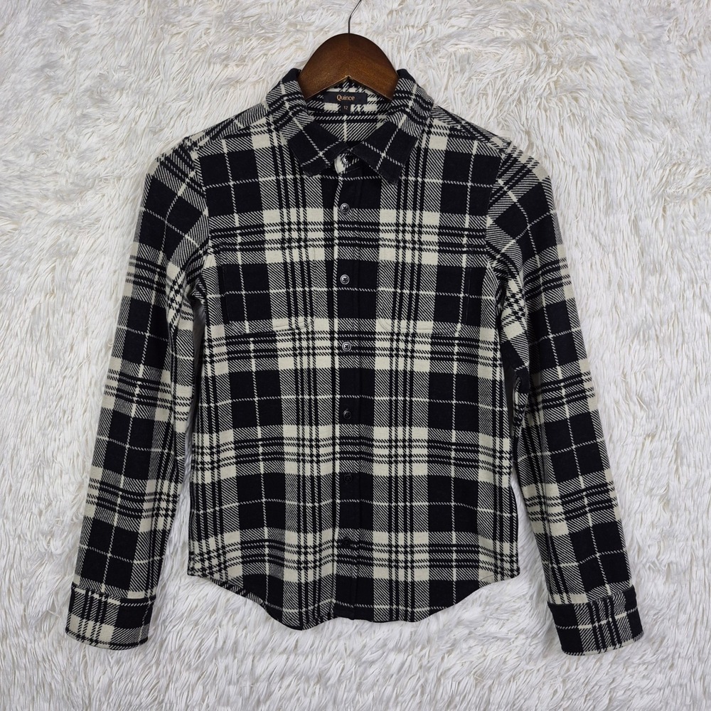 Quince Stretch Sweater Fleece Shirt Black Taupe Buffalo Check Plaid Girls Sz 12